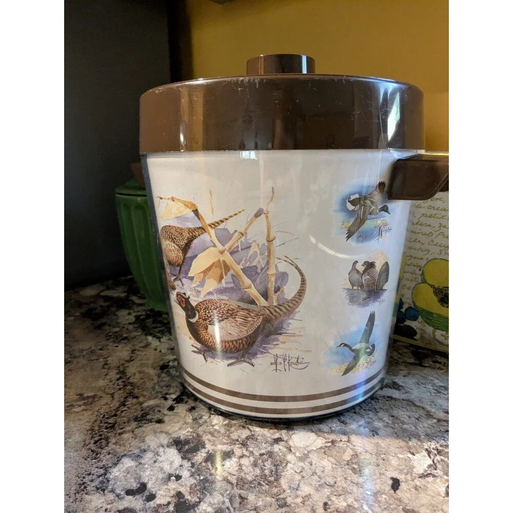 Thermo Serve Vintage Pheasants Ducks Geese Birds Ice Bucket Retro 70s Brown